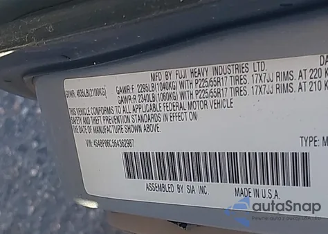 2006 Subaru Outback 3.0R L.l. Bean Edition from USA, damaged, VIN 4S4BP86C564362987